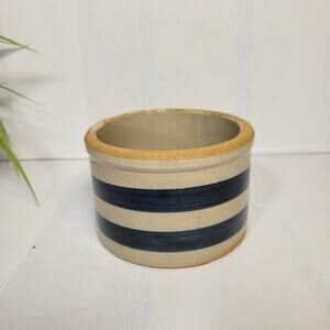 Vintage Stoneware Butter Crock Double Blue Bands, Farmhouse Kitchen Planter
